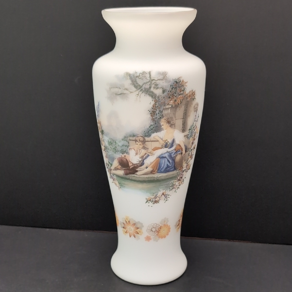 Vintage Satin Glass Vase with an 18th Century Motif.
